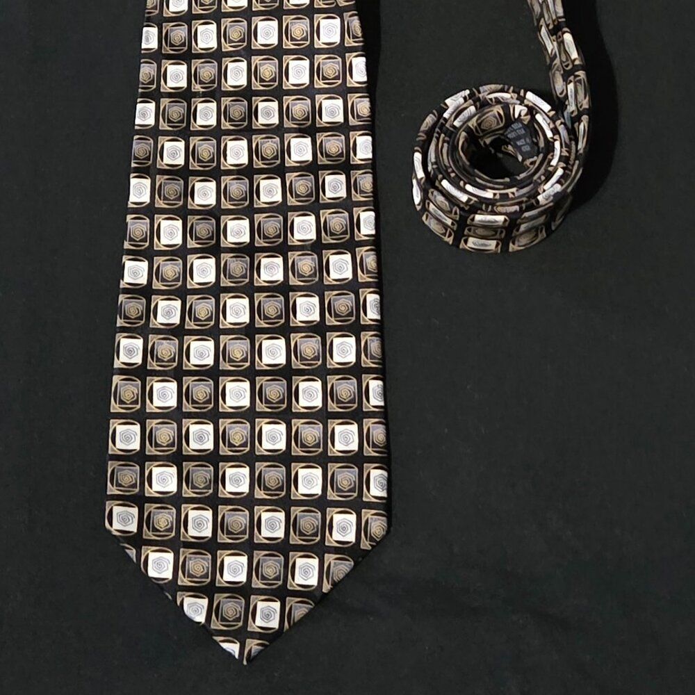 Bergamo New York Silk Neck Tie Geometric Pattern Black Brown White Men's Formal